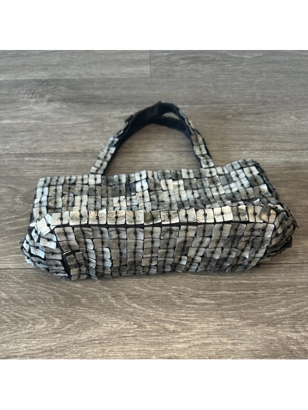 Vintage Y2K Mother of Pearl Shell Tile Handbag Beaded Silver Mini Purse - Picture 9 of 14
